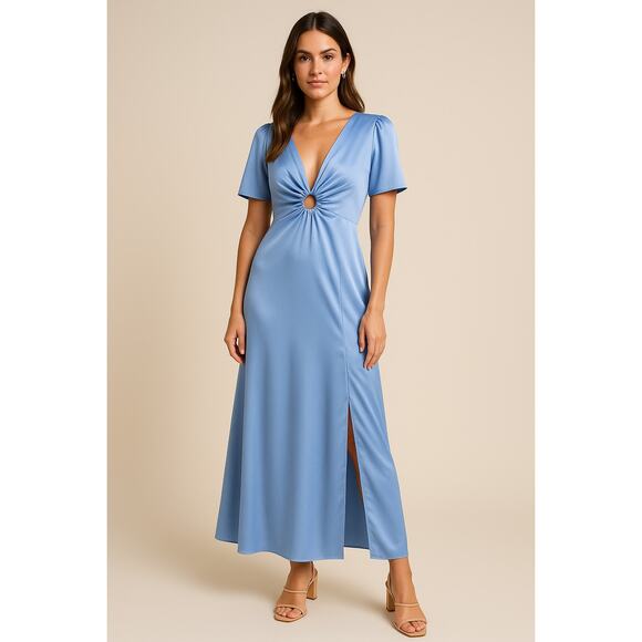 NWT Abercrombie & Fitch Satin Flutter Sleeve Maxi Dress Blue V-Neck Ring Size MT - Picture 3 of 12